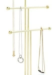 Umbra Trigem Hanging Jewelry Organizer Tiered Tabletop Countertop Free Standing Necklace Holder Display, 3, Brass/White