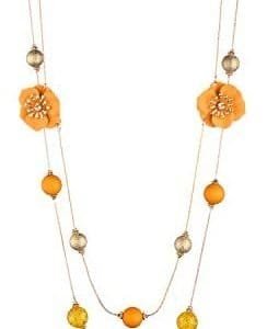 Nicole Miller New York Long Hawaiian Style Summer Orange Floral Rosegold Chain Necklace
