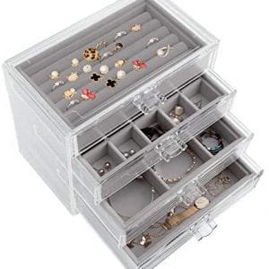 DITUCU Clear Acrylic Jewelry Box with 4 Drawers Removable Divided Jewelry Organizer For Earring Necklace Ring & Bracelet Clear and Rings Jewelry Display Storage For Women Grey