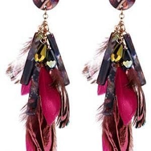 Nicole Miller New York Round Maroon Resin Acrylic Fuscia Pink Feathers Rosegold Dangle Earrings