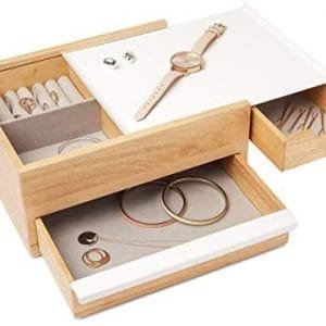Umbra Stowit Jewelry Box - Modern Keepsake Storage Organizer with Hidden Compartment Drawers for Ring, Bracelet, Watch, Necklace, Earrings, and Accessories (White / Natural)