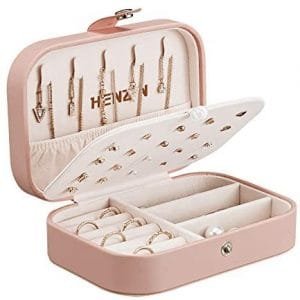 Jewelry Box Organiser Small Travel PU Leather Jewelry Storage Case for Rings Earrings Necklace Bracelets Faux Leather Jewelry Gift Box Girls Women-PINK