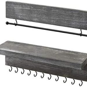 MyGift 2-Piece Wall Mounted Ash Gray Wood Hanging Jewelry Organizers with 12 Hooks, Bracelet & Necklace Bar and Shelf