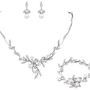 EVER FAITH Marquise CZ Simulated Pearl Bridal Flower Leaf Filigree Necklace Earrings Bracelet Set