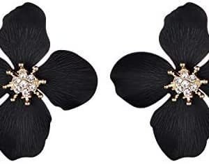 Nicole Miller New York Black Four Leaf Flower Goldtone Center Crystal Rhinestone Stud Earrings