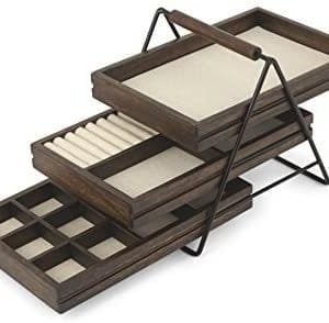 Umbra 1004037-048 Terrace Jewelry Tray – Three-Tier Jewelry Tray With Three Sliding Linen Lined Wood Trays With Metal Frame and Handle, Easy Storage and Access, Black/Walnut Finish