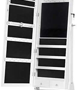 SONGMICS Jewelry Cabinet with Wheels, for Women,Mirror, Lockable Freestanding Jewelry Organizer with LED Lights, Large Drawer, White UJJC061W01