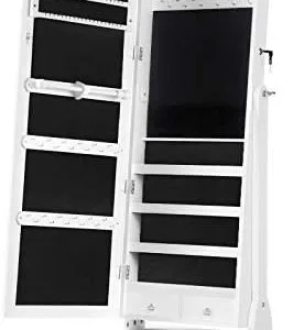 SONGMICS Jewelry Cabinet with Wheels, for Women,Mirror, Lockable Freestanding Jewelry Organizer with LED Lights, Large Drawer, White UJJC061W01