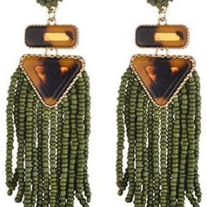 Nicole Miller New York Green Beaded Tassel Drop Leopard Print Triangle Dangle Earrings