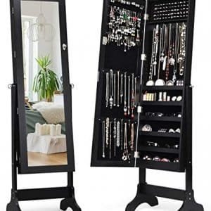 Giantex Jewelry Box Armoire with Mirror, Standing Jewelry Cabinet, 29 Necklace Holder Hooks Ring Earring Makeup Display Storage Organizer Gift Armoires for Girls Women Jewelry Cabinets, Black