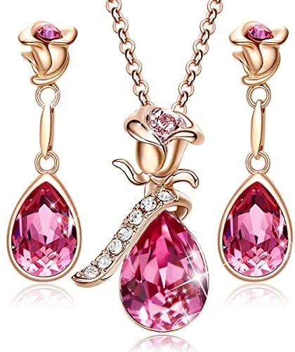 CDE Rose Flower Jewelry Set for Women Rose Gold /Rhodium Plated Earrings and Necklace Set Embellished with Crystals from Austria Christmas Jewel Gifts for Mom