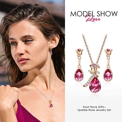 CDE Rose Flower Jewelry Set for Women Rose Gold /Rhodium Plated Earrings and Necklace Set Embellished with Crystals from Austria Christmas Jewel Gifts for Mom - Image 4