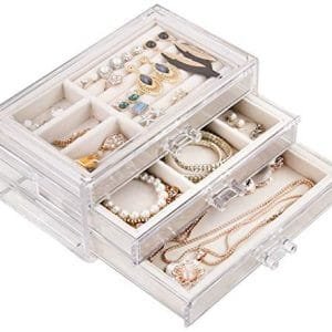 Tasybox Clear Jewelry Box Organizer 3 Drawers Velvet Jewellery Boxes Acrylic Ring Earring Necklace Bracelet Holder Display Case Gift for Women Girls Men (Beige)