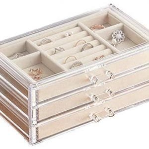 HerFav Jewelry Box for Women with 3 Drawers, Velvet Jewelry Organizer for Earring Bangle Bracelet Necklace and Rings Storage Clear Acrylic Jewelry case
