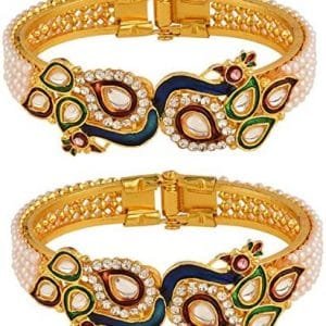 Efulgenz Fashion Jewelry Indian Bollywood 14 K Gold Plated Faux Pearl Kundan Rhinestone Peacock Bracelet Bangle (2 Pc)