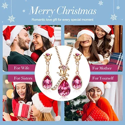 CDE Rose Flower Jewelry Set for Women Rose Gold /Rhodium Plated Earrings and Necklace Set Embellished with Crystals from Austria Christmas Jewel Gifts for Mom - Image 3