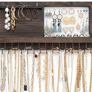 Mkono Rustic Wall Mounted Jewelry Organizer with Bracelet Rod and 30 Hooks Wood Hanging Jewellery Holder for Necklaces, Earrings, Bracelets, Rings, Display Shelf for Cabinet Girls Women, Brown